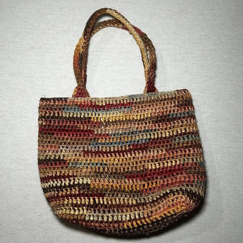 Helen Kaminski Australia Earthy Striped 100% Raffia Straw Tote Handbag Boho